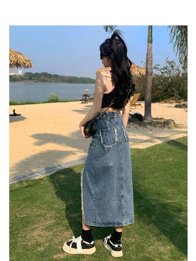 Irregular Slit Denim Skirt Ins Style Hot Design