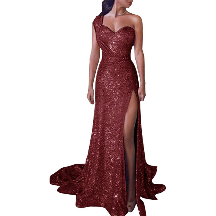 women's sexy one-shoulder sleeveless bronzing dress slit long skirt