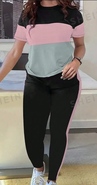 Ensemble t-shirt et pantalon d'été décontracté pour femme, manches courtes, colorblock, manches courtes
