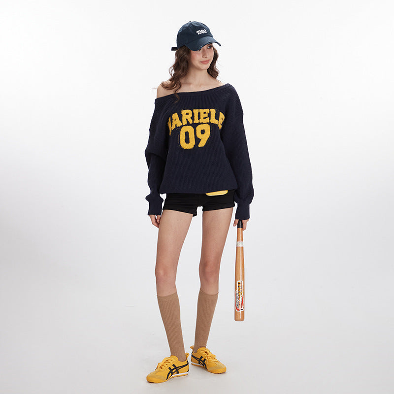 Women's American-style Letter Sweater Loose Off-the-shoulder Pullover