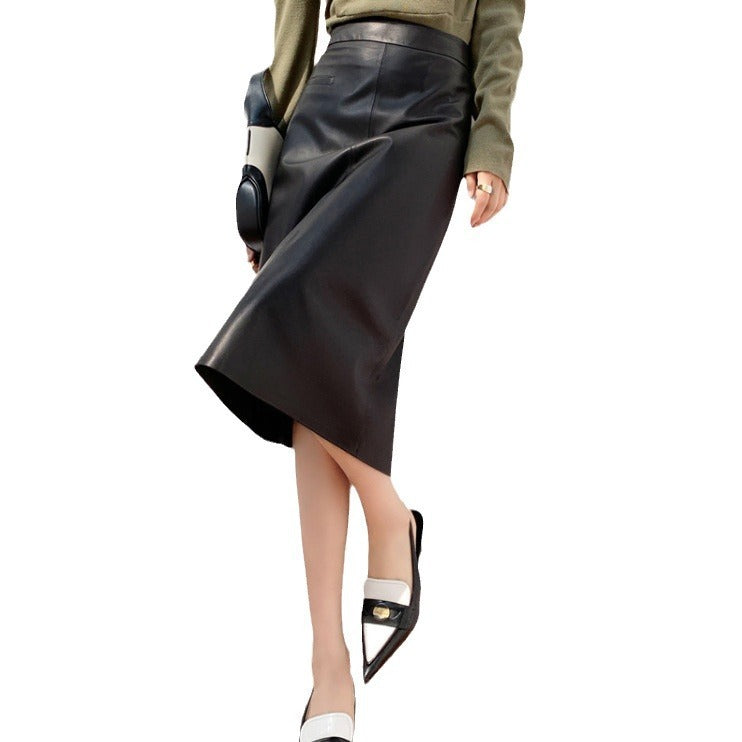 High Waist Simple Version A Versatile Slimming Leather Skirt