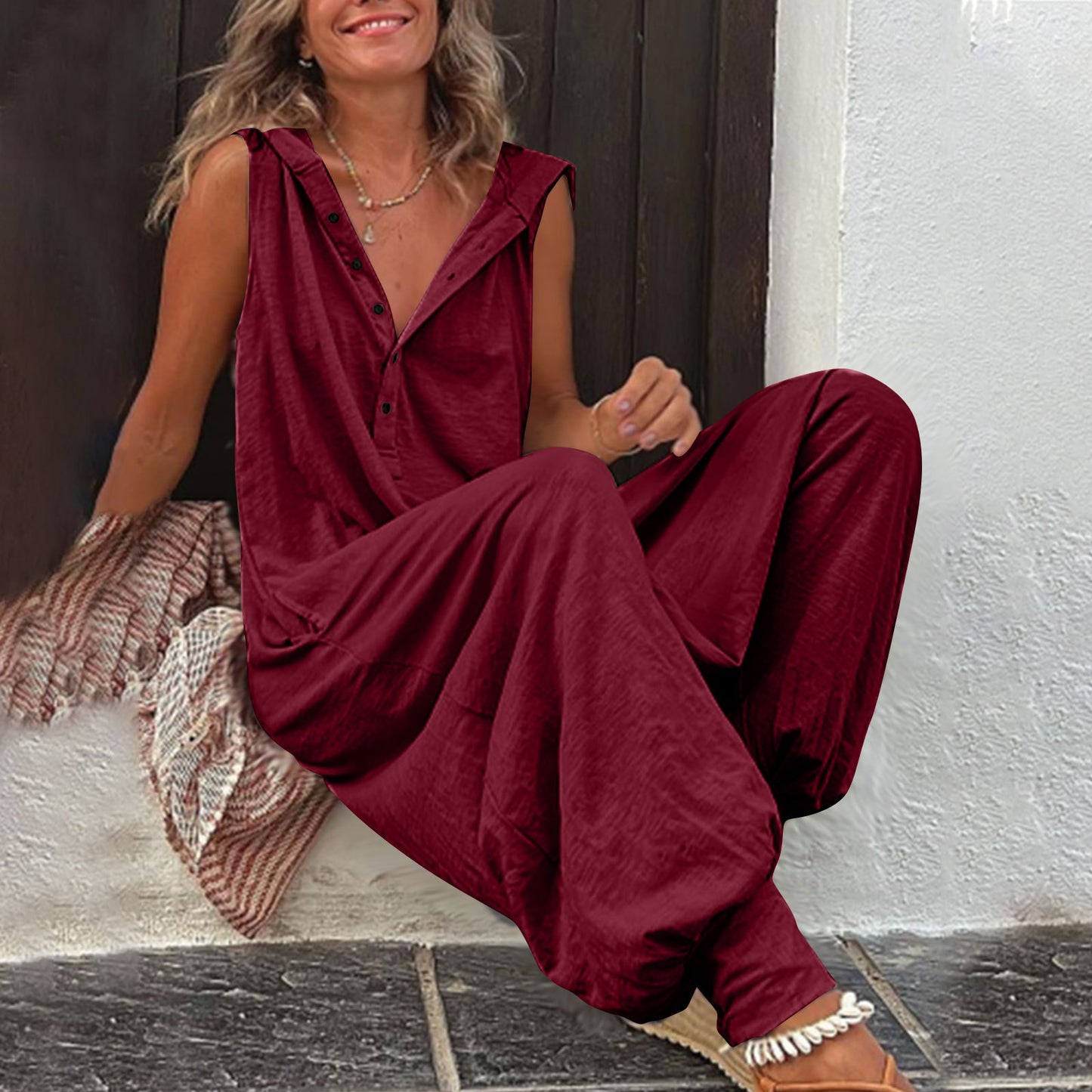 Hot Selling Button Up Hooded Sleeveless Pants In Stock Jumpsuit And Baggy Pants