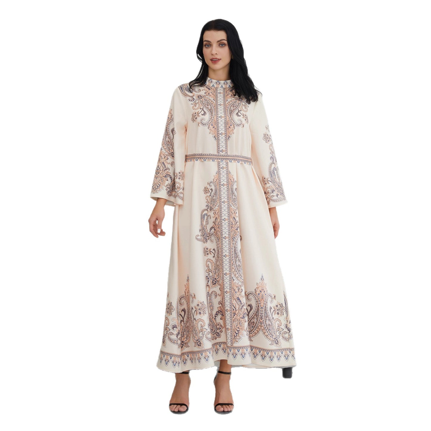Stand Collar Printing Long Retro Muslim Dress