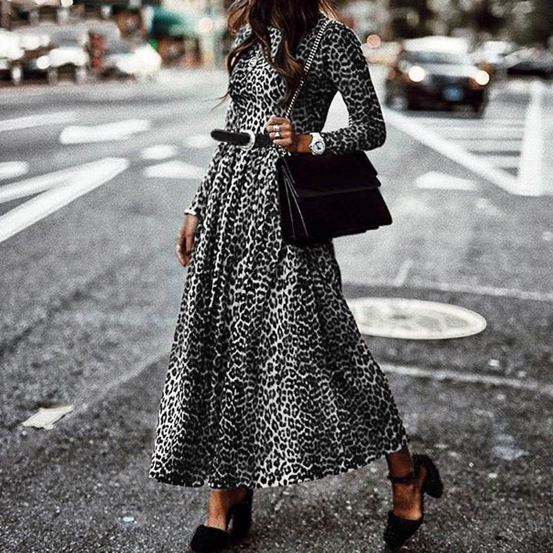Leopard print long sleeve pleated pleated dress