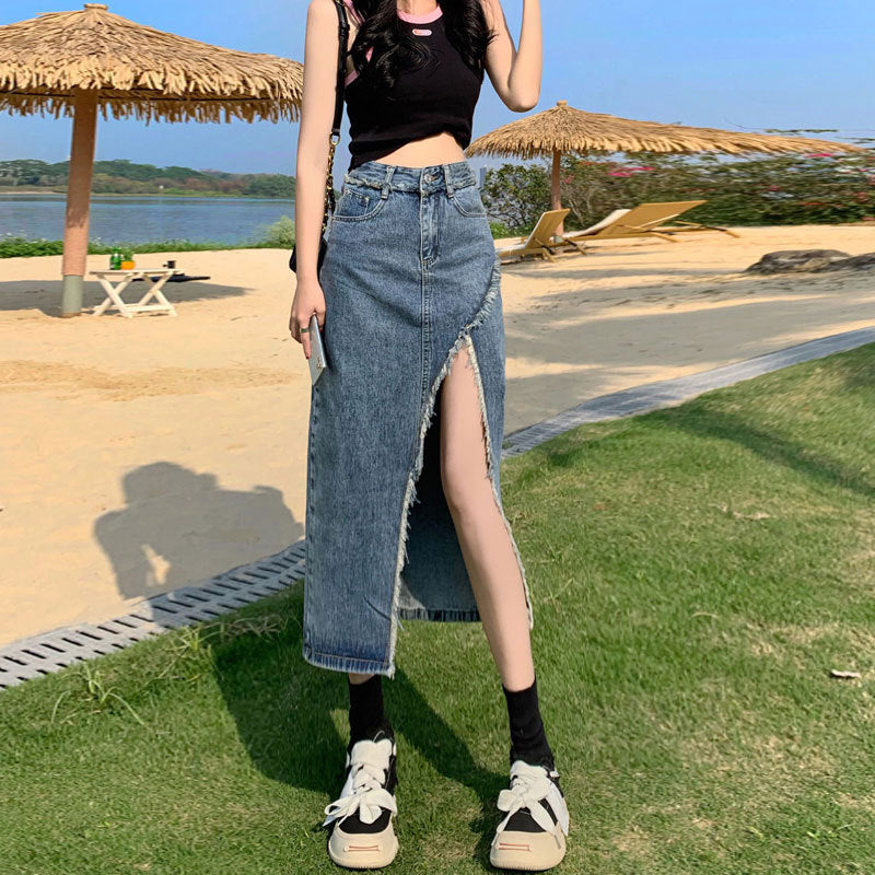 Irregular Slit Denim Skirt Ins Style Hot Design