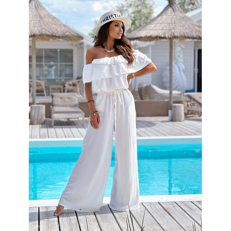 Ruffled Short Sleeves Elastic And Waisted Wide Leg Jumpsuit Trousers