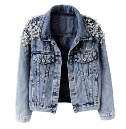 Spring and autumn Korean version heavy industry fashion nail bead short denim coat
