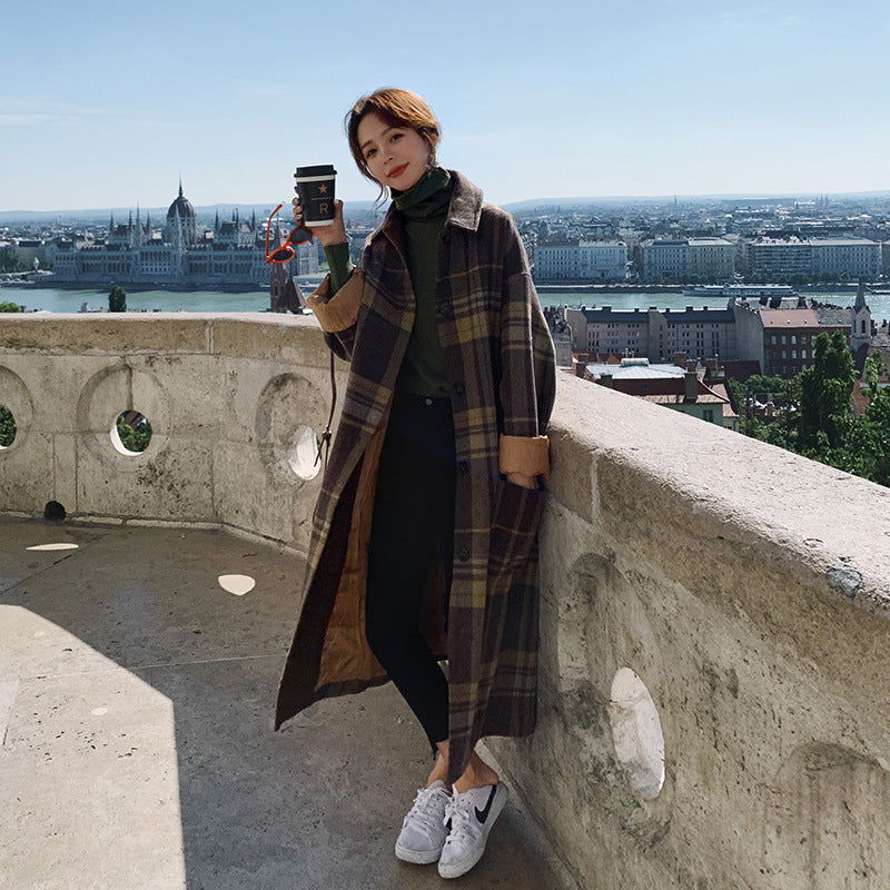 معطف صوف سميك فضفاض بنقشة مربعات للنساء لفصلي الخريف والشتاء