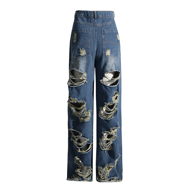 European And American Style Street Lapel Ripped Edging One Button Loose Large Version Denim Coat