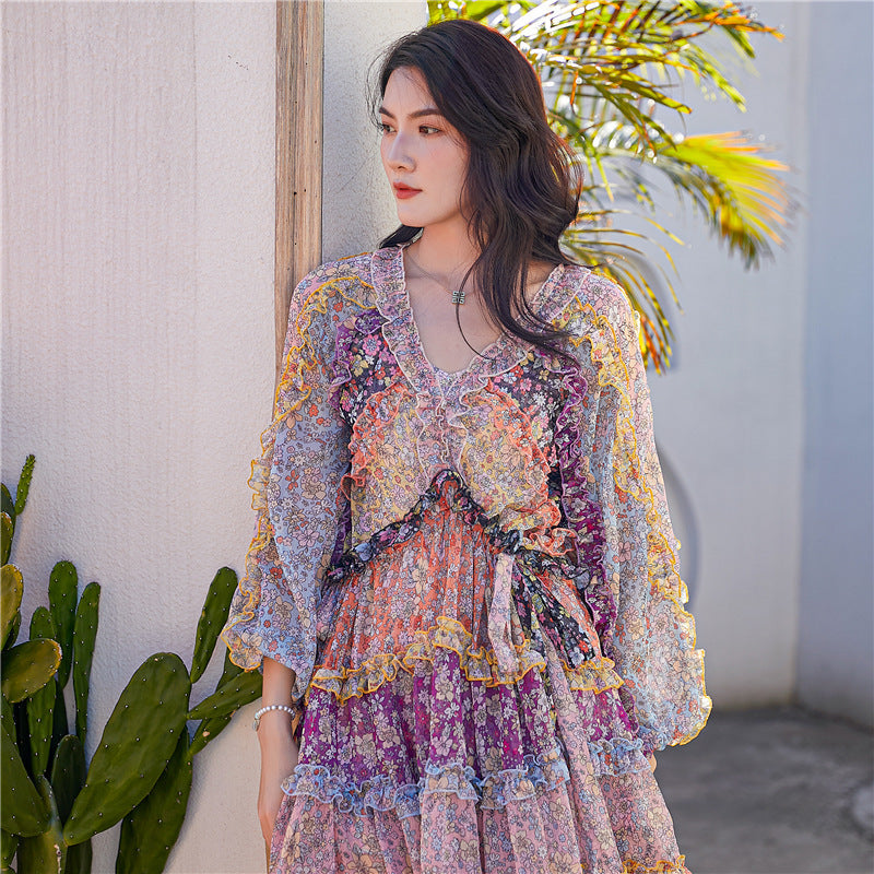 Contrasting Print Floral Panel Long Sleeve Nipped Waist Lantern Sleeve Dress