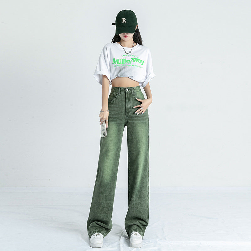 بنطلون جينز نسائي بخصر عالٍ، بنمط أمريكي مستقيم، بتصميم كلاسيكي