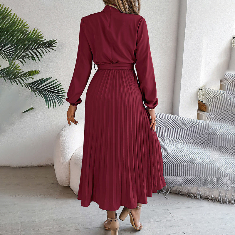 Elegant High Neck Long Sleeve Pleated Maxi Dress - Solid Color Flowy Dress For Women, Casual To Formal Wear