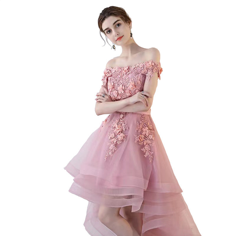 One-shoulder Swallowtail Bean Paste Color Dress With Short Front And Long Back