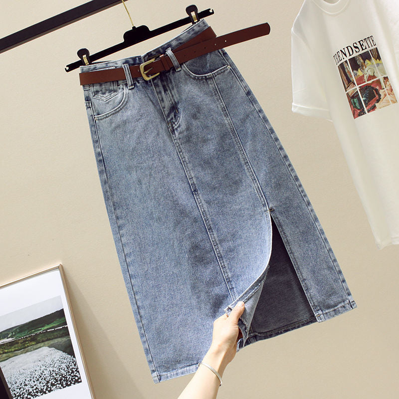 Temperament Split Mid-length High-waisted A-line Thin Hip-length Skirt