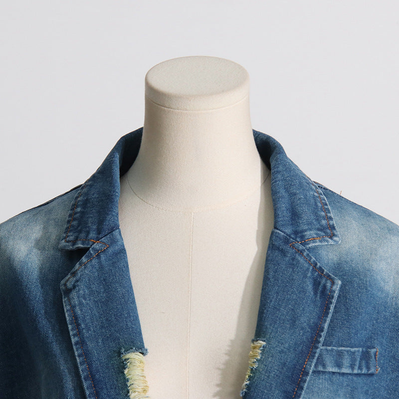 European And American Style Street Lapel Ripped Edging One Button Loose Large Version Denim Coat
