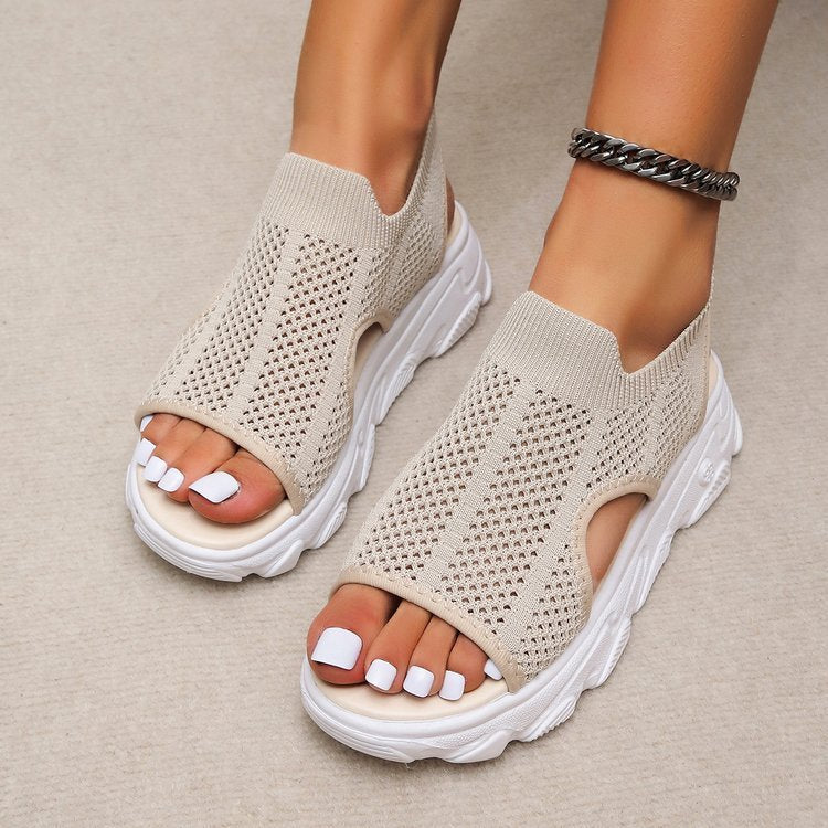 Summer Sandalas Elastic Slip-on Peep Toe Wedge Fly Woven Mesh Casual Shoes
