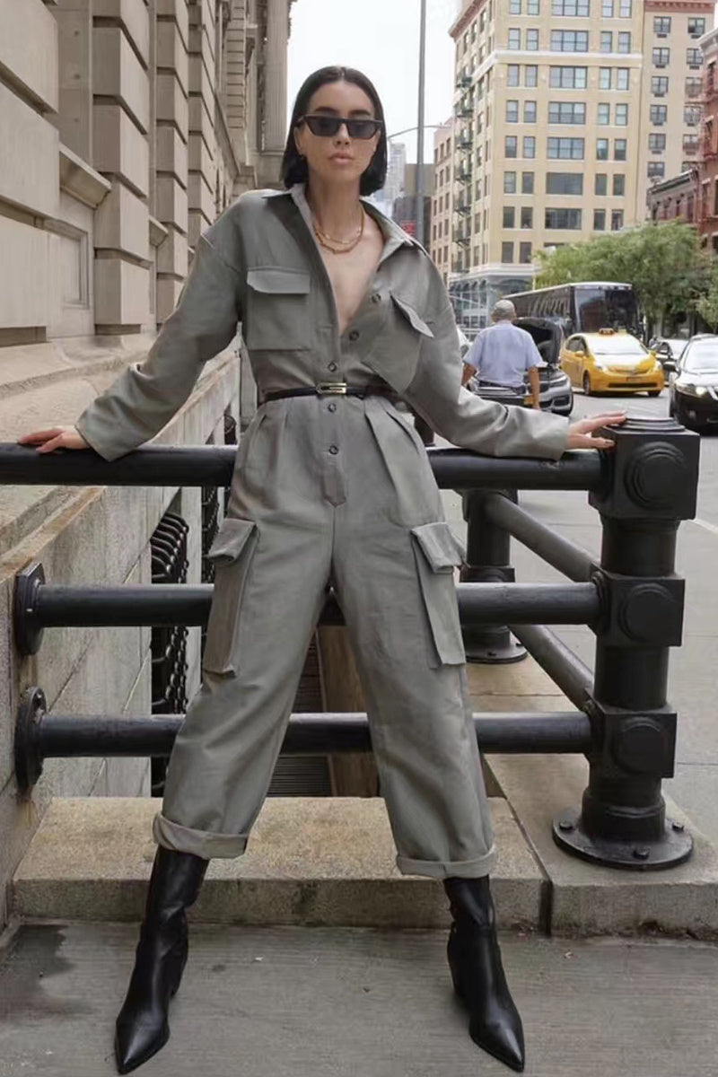 Shirt style long sleeve waist and wide leg overalls for women