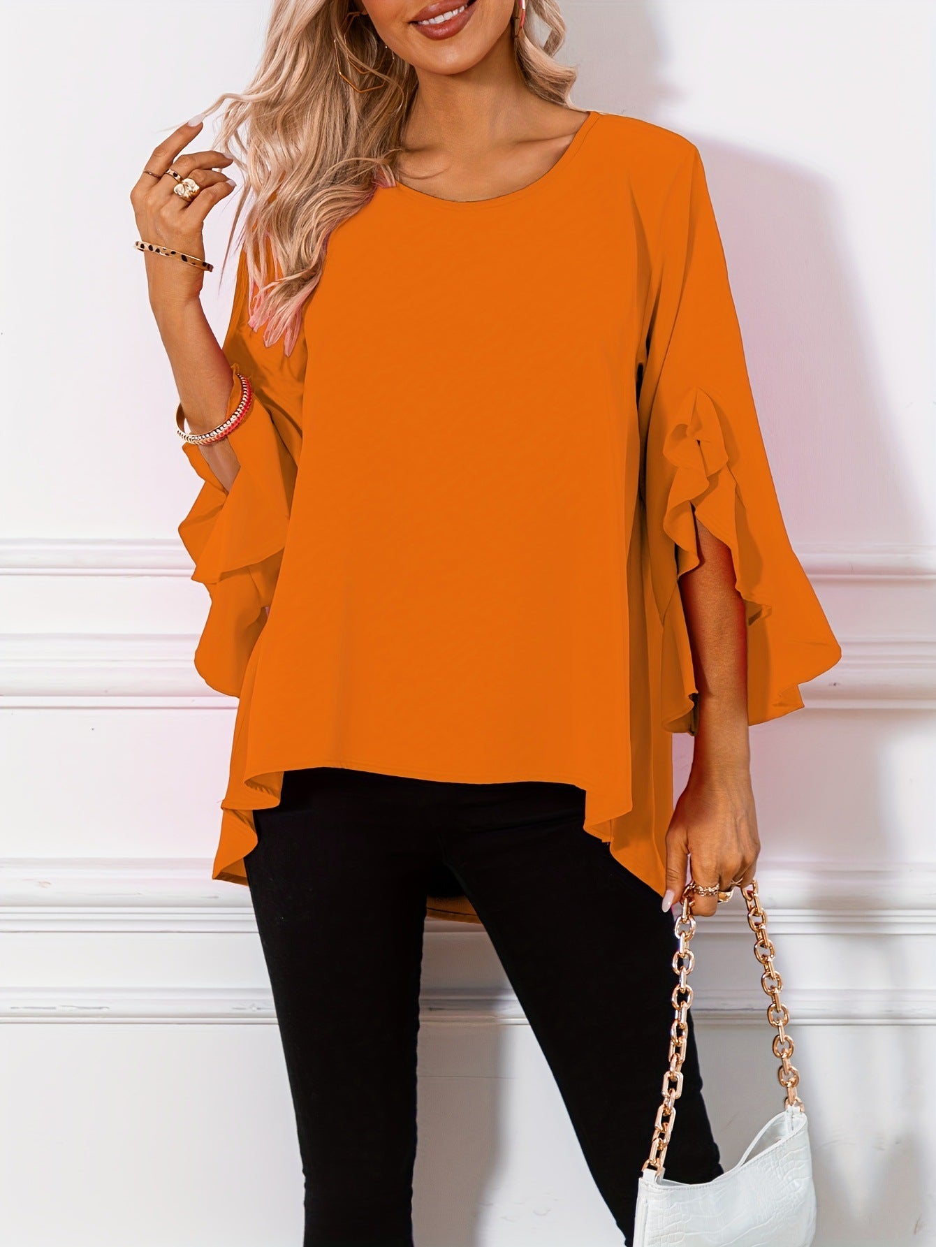 Solid Color Round Neck Shoulder Ruffle Sleeve Top