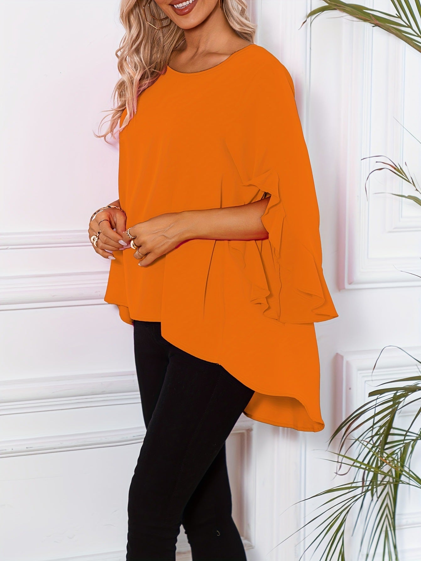 Solid Color Round Neck Shoulder Ruffle Sleeve Top