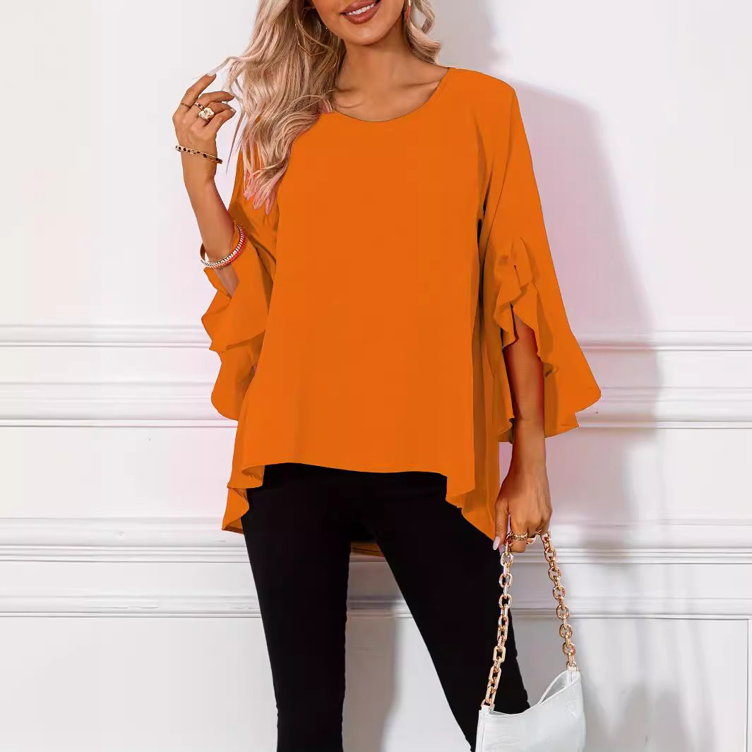 Solid Color Round Neck Shoulder Ruffle Sleeve Top