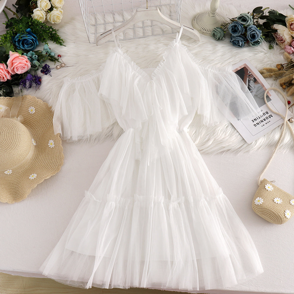 Off-the-shoulder Strappy Ruffled Mesh Dress