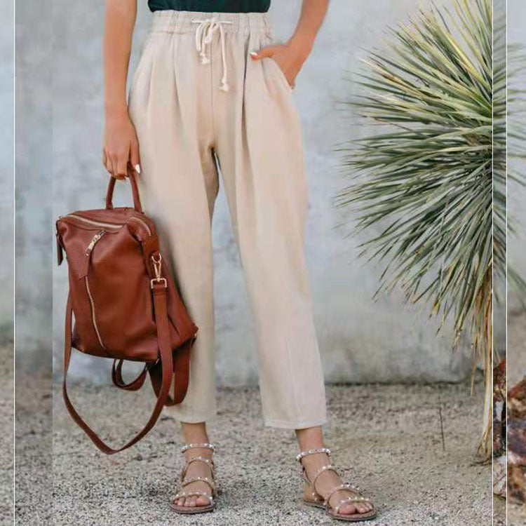 Pure Color Casual Elasticated High-waist Straight-leg Trousers