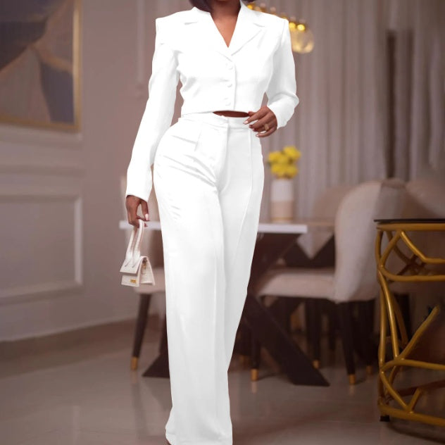 Women's Solid Color Breasted Suit Short Coat Wide Leg Trousers Two-piece Set