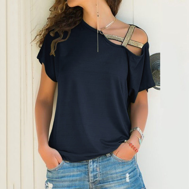 AliExpress Amazon spring and summer explosion models Europe and the United States casual shoulder cross irregular short-sleeved T-shirt women's shirt
