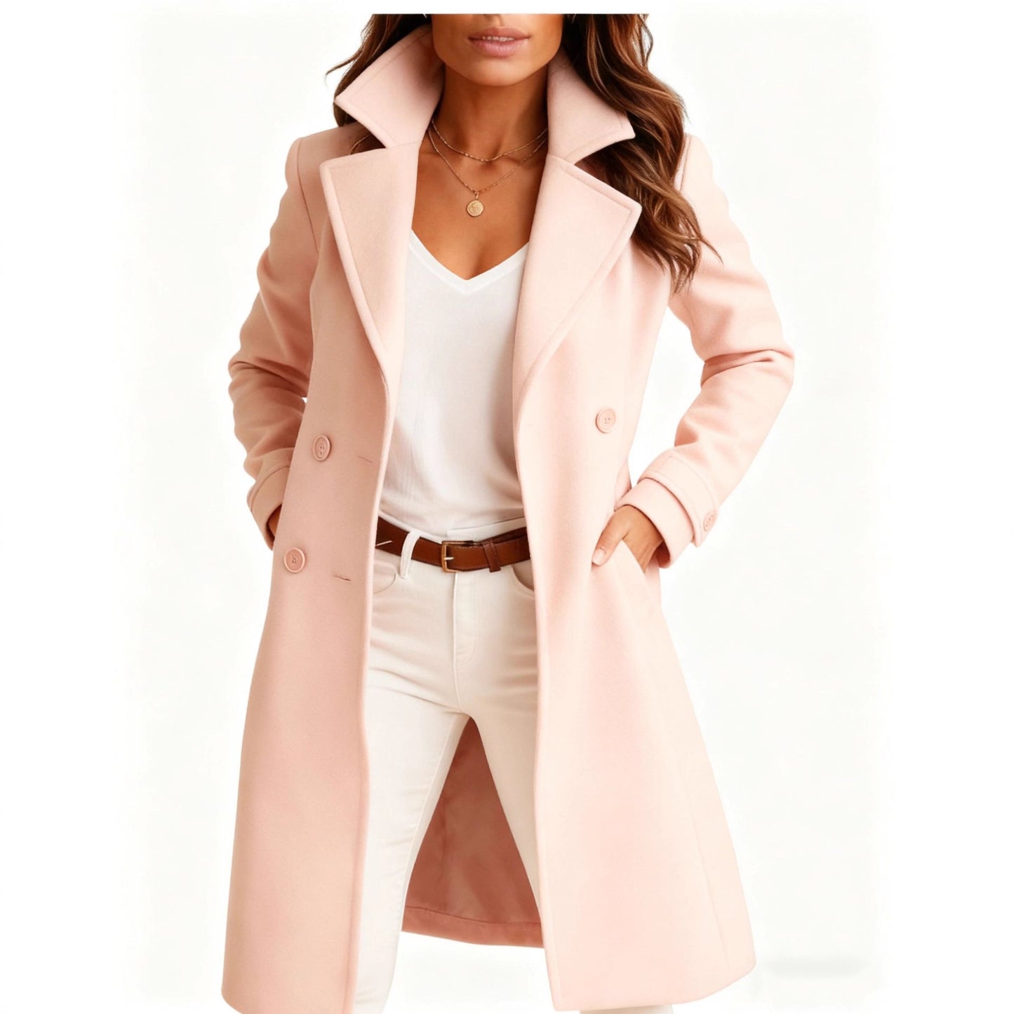 Women's Single-Breasted Mid-Length Woolen Coat with Pockets and Lapel – Casual Long Sleeve Outwear