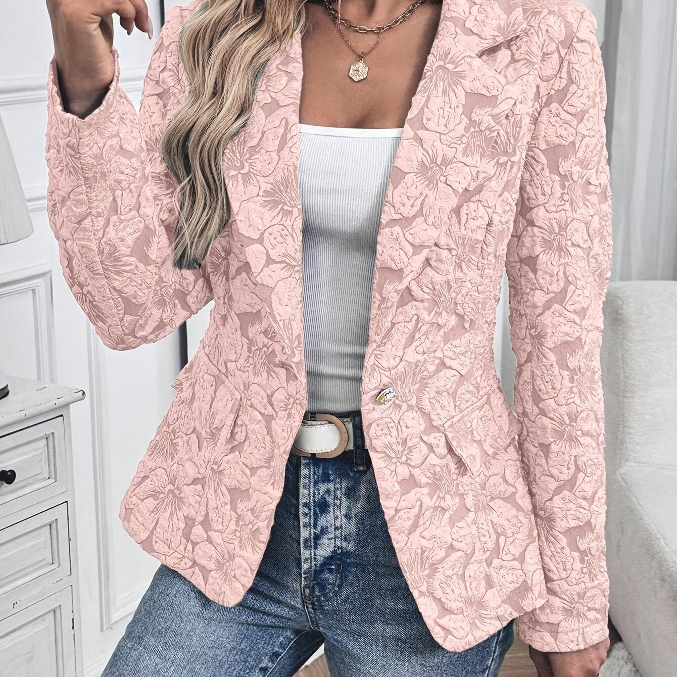Women's Long-Sleeve Single-Button Lapel Casual Jacket with Lining