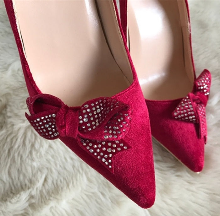 Bow tie diamond party slim heel shoes