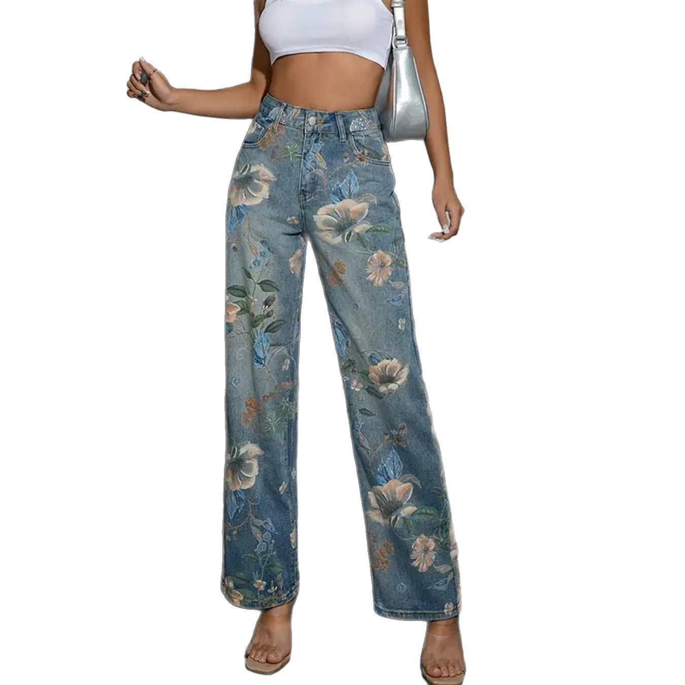 Ladies Printed Pattern Casual Straight-leg Denim Trousers