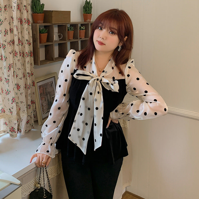 Polka Dot Stitching Lace-up Bow Dress