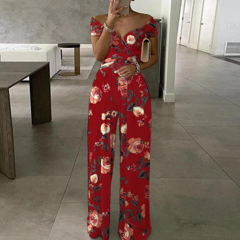 European And American Fashion Off-shoulder Printed Temperament Commute Casual High Waist Jumpsuit Women