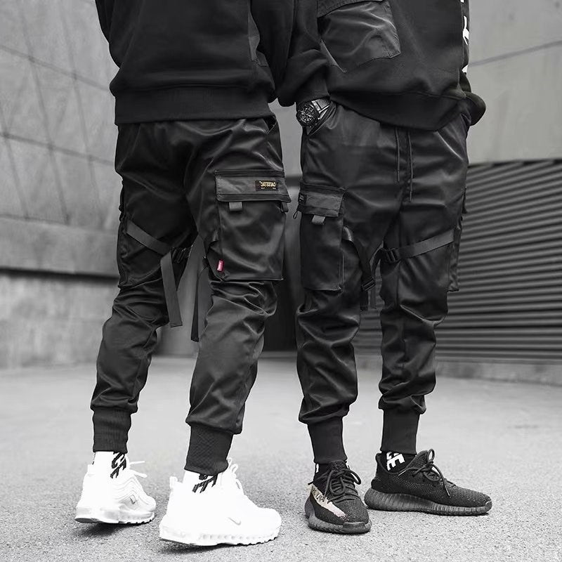 Men's Cotton Cargo Harem Joggers with Pockets Black Streetwear Track Pants