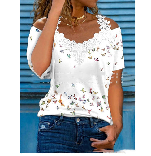 V Neck Lace Shoulder Drain Short Sleeve Casual