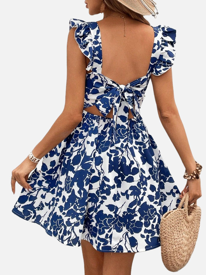 Printed Lace-up Back Backless Frill Holiday Dress