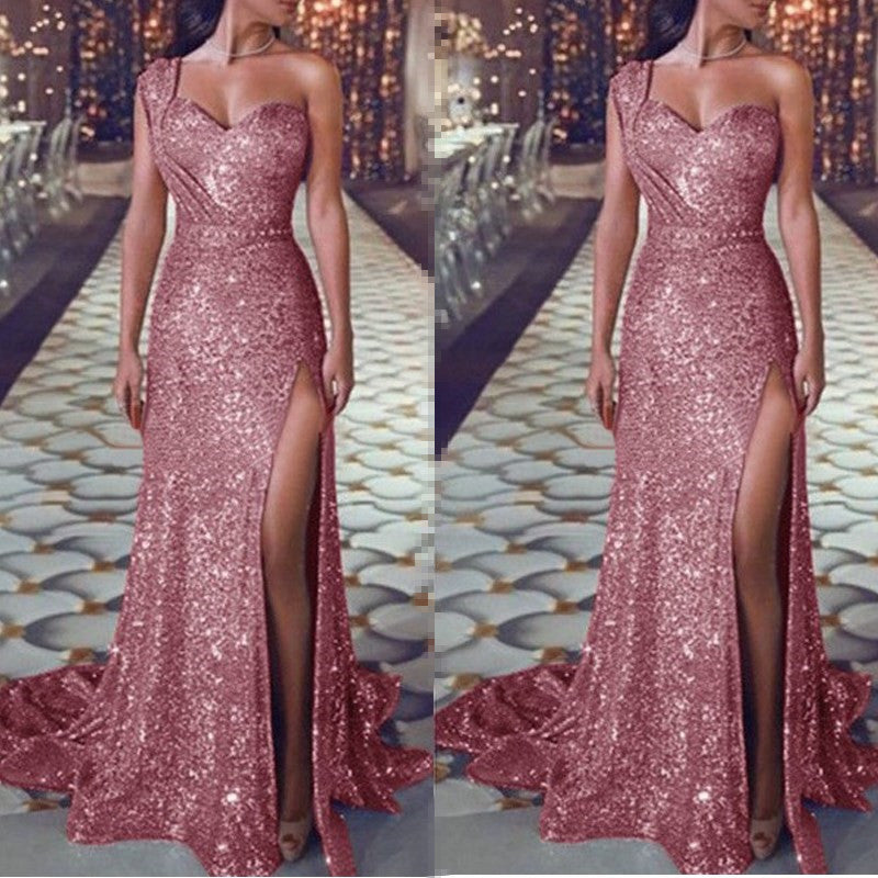 women's sexy one-shoulder sleeveless bronzing dress slit long skirt