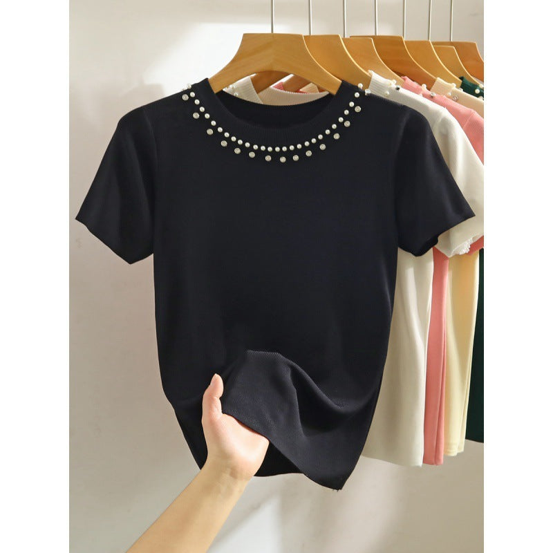White Shoulder Short-sleeved T-shirt Heavy Industry Beads Knitted Short Top