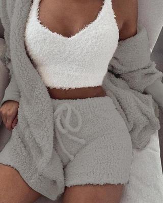 3pcs Long Sleeve Crop Tank Top And Drawstring Shorts Pajama Set