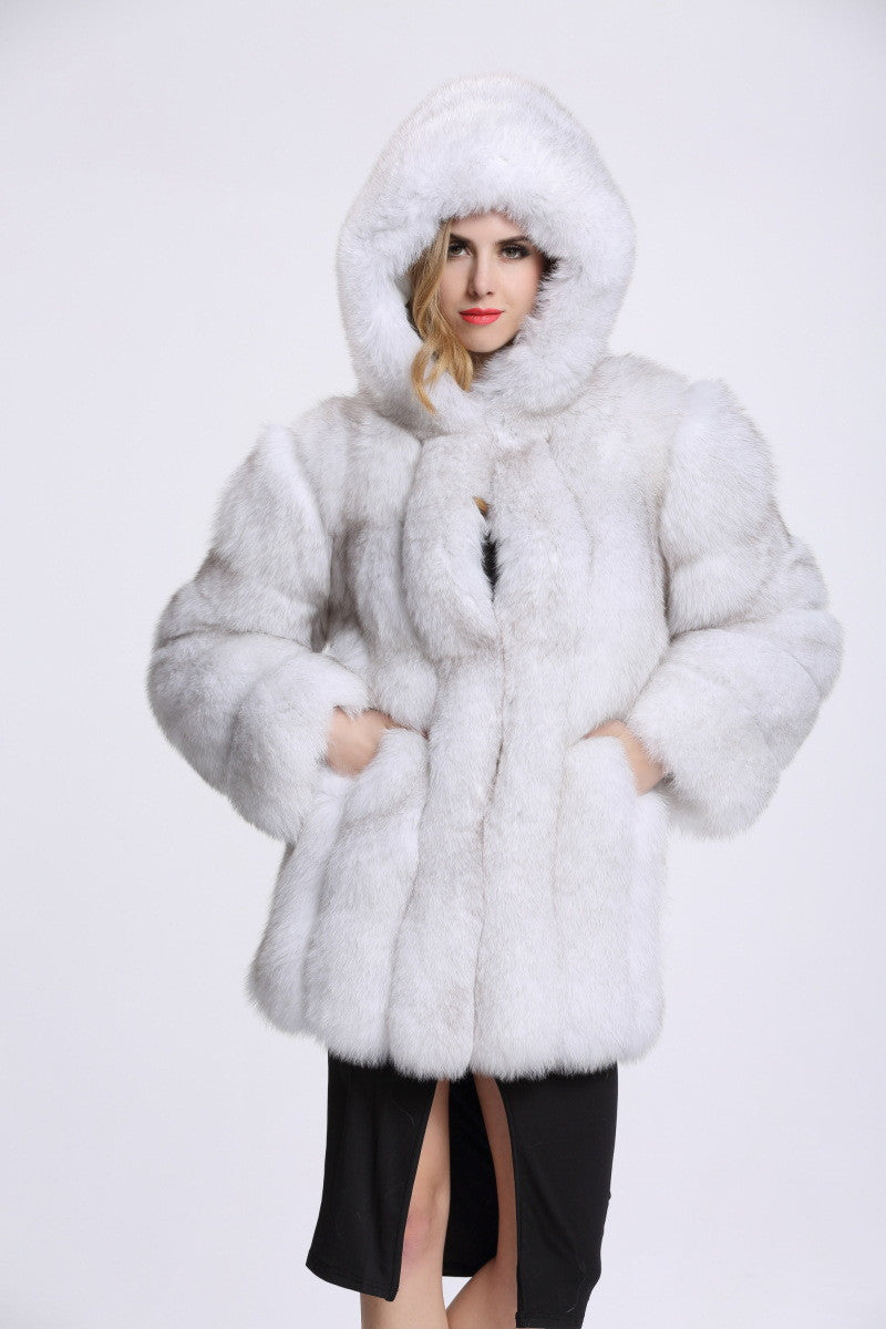 Faux Fox Fur Coat in Black, Grey & White, Sizes S-4XL