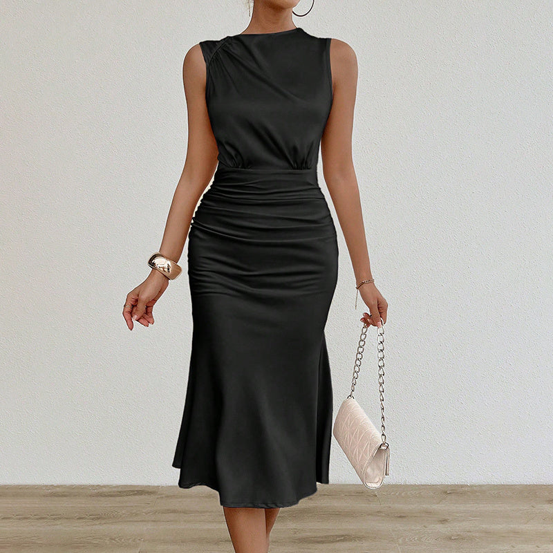 Women's Summer Sleeveless Tank Dress Crew Neck Slim Fit Ruched Bodycon Dress Casual Party Club Dress