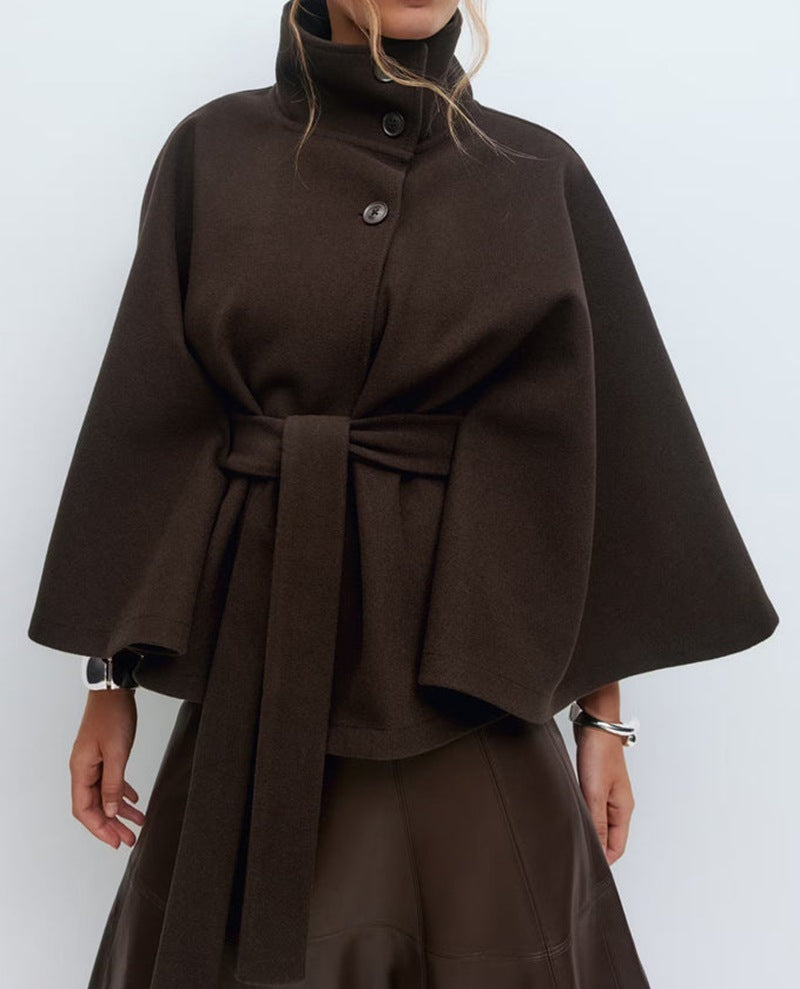 Women's Autumn And Winter Solid Color Cloak Stand Collar Button Belt Trench Coat