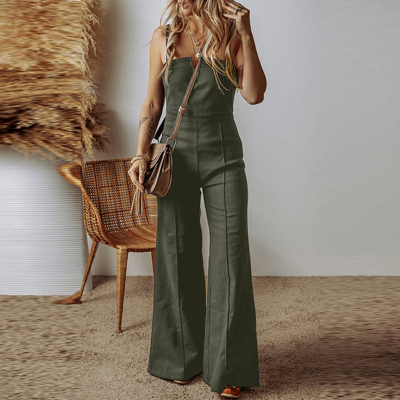 Women's Solid Color Denim Sling All-match High Waist Flared Jumpsuit
