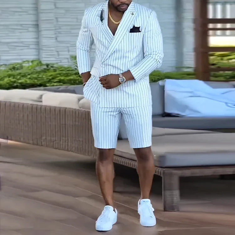 British Style Casual Black Striped Trendy Shorts Suit