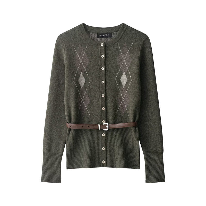 With Belt Diamond Pattern Knitted Coat Midi Skirt Suit