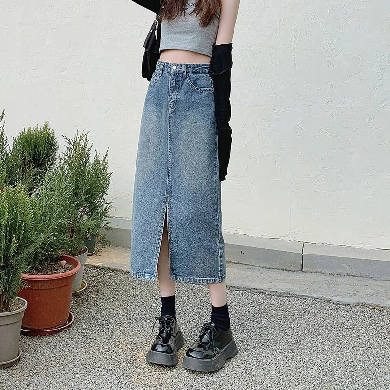 Summer Mid-length Split Denim Skirt
