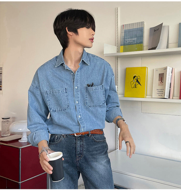 Trendy Denim Shirt Men's Long Sleeve