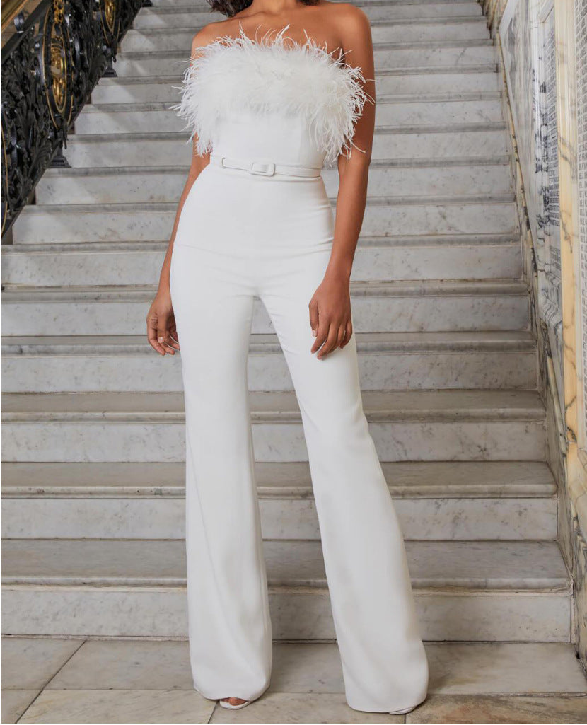 جمبسوت طويل مستقيم مثير بدون أكمام مزين بفيونكة من الريش، يبرز قوامك بشكل أنيق