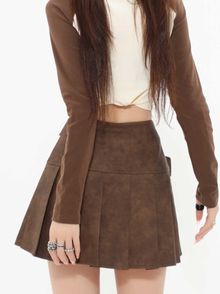 PU Leather Skirt High Waist Slimming A- Line Pleated Skirt